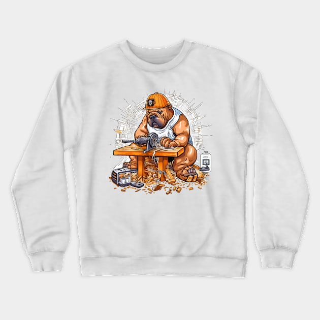 A Carpenter English Bulldog with a saw and sandpaper, carving a wooden sculpture of itself Crewneck Sweatshirt by teestore_24